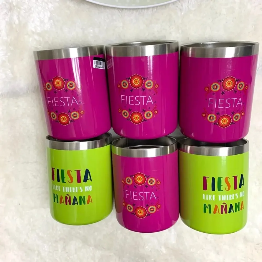 Party Fiesta Round Drink Serving Tray Set with 6 Metal Tumblers NEW